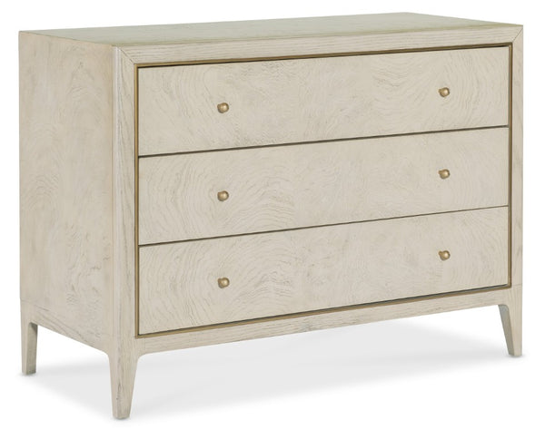 Hooker Furniture Melange Wanderlust Chest Of Drawers In Light Greige Ash Burl With Gold Trim, Tapered Legs & 3 Drawers 628-85742-05