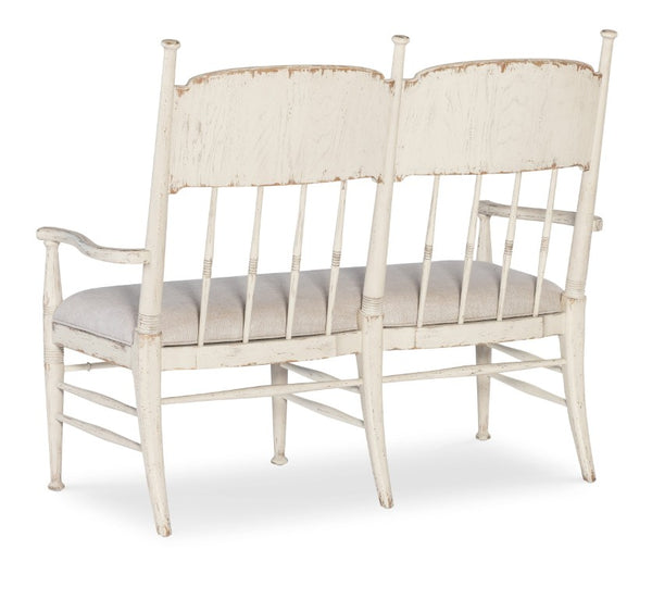 Hooker Furniture Americana Farmhouse Dining Bench With Distressed White Oak Finish, Spindle Back And Linen-Look Seat For Durable Comfort 27.00 L x 50.00W x 42.25H 7050-75019-02