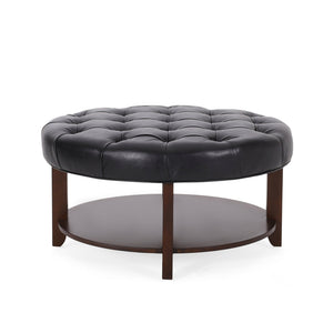 English Elm Round Tufted Pu Leather Ottoman with Open Shelf Storage for Living Room Black 71589.00