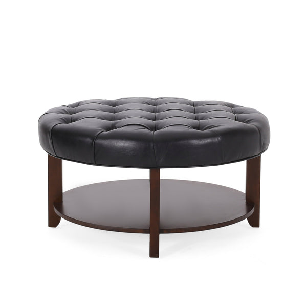 English Elm Round Tufted Pu Leather Ottoman with Open Shelf Storage for Living Room Black 71589.00