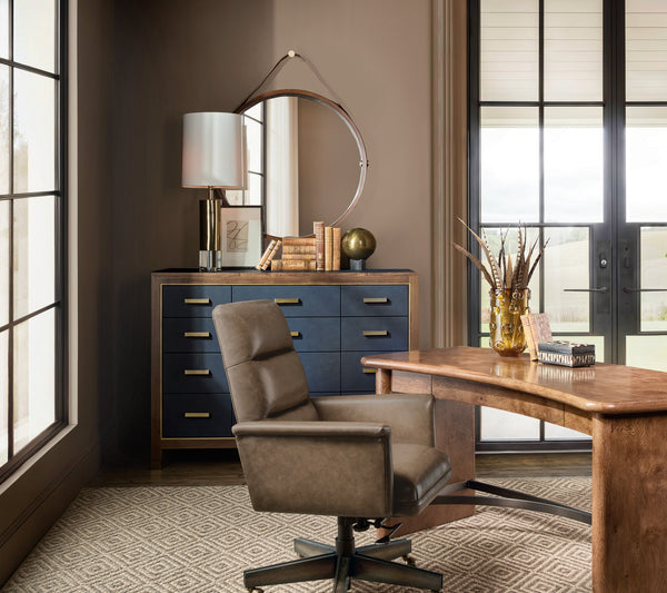Hooker Furniture Melange Geneva 12 Drawer Walnut Chest with Navy Leather Fronts and Brass Pulls 628-90011-45