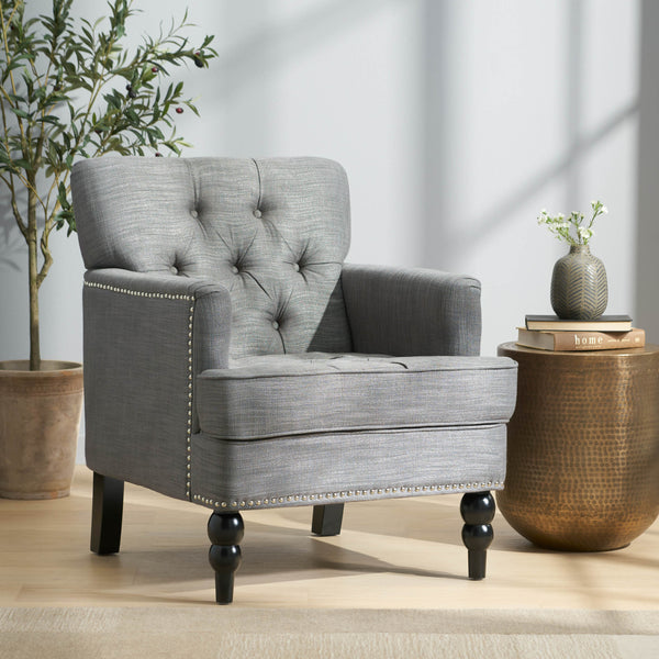 English Elm Christopher Knight Home® - HARRISON Tufted Club Chair with Diamond-Stitched Back, Nailhead Trim and Turned Birch Legs for Comfort and Style Charcoal 53444.00F