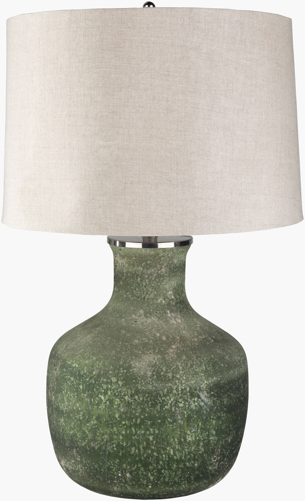 Surya Matteo 28” Accent Table Lamp - Elegant Glass & Linen Design For Modern Home Decor Enhancement Body, Dark Green,Finial, Metallic ,Nickel,Harp, Metallic ,Nickel Glass,Linen,Iron Teo-001