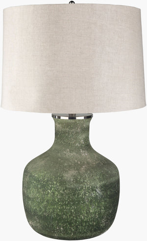 Surya Matteo 28” Accent Table Lamp - Elegant Glass & Linen Design For Modern Home Decor Enhancement Body, Dark Green,Finial, Metallic ,Nickel,Harp, Metallic ,Nickel Glass,Linen,Iron Teo-001