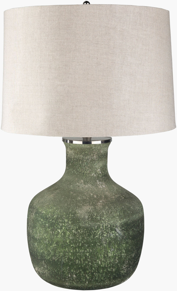 Surya Matteo 28” Accent Table Lamp - Elegant Glass & Linen Design For Modern Home Decor Enhancement Body, Dark Green,Finial, Metallic ,Nickel,Harp, Metallic ,Nickel Glass,Linen,Iron Teo-001