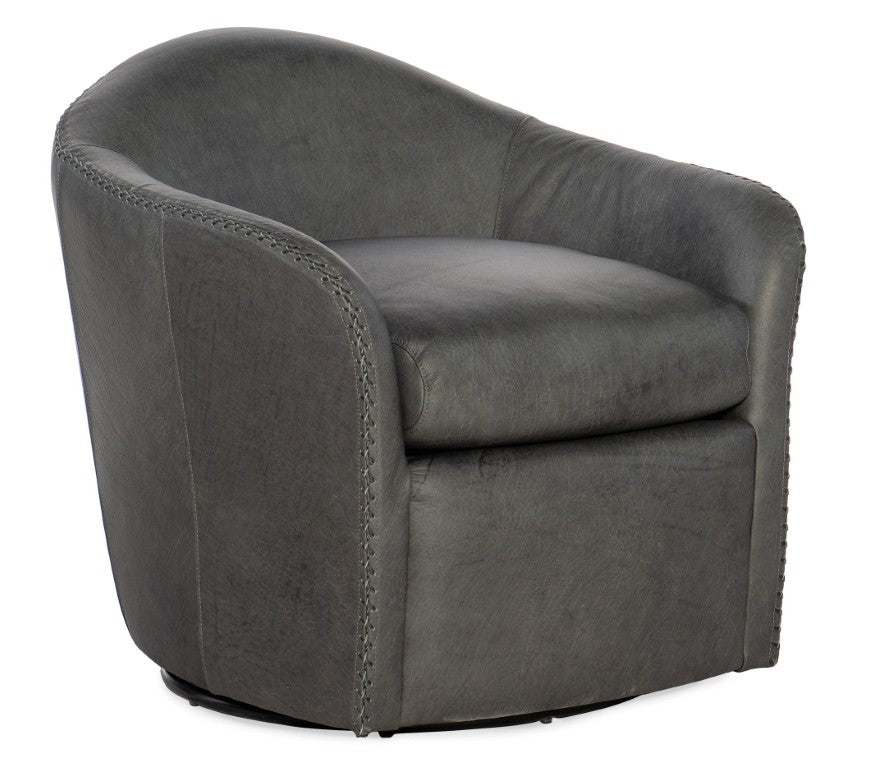 Hooker Furniture Roper Barrel Swivel Club Chair In Semi-Aniline Top-Grain Leather With Baseball Stitching Accent — Luxurious Comfort And 360° Rotation Gray CC533-SW-095