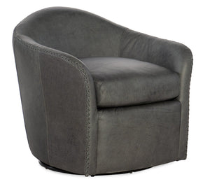 Hooker Furniture Roper Barrel Swivel Club Chair In Semi-Aniline Top-Grain Leather With Baseball Stitching Accent — Luxurious Comfort And 360° Rotation Gray CC533-SW-095