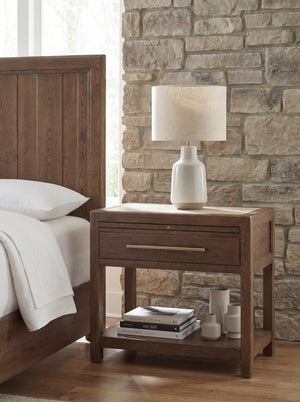 Hooker Furniture Driftwood Oak and Stone Nightstand Worn Saddle Finish with Drawer and Pullout Tray 6820-90216-85