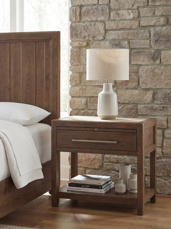 Hooker Furniture Driftwood Oak and Stone Nightstand Worn Saddle Finish with Drawer and Pullout Tray 6820-90216-85