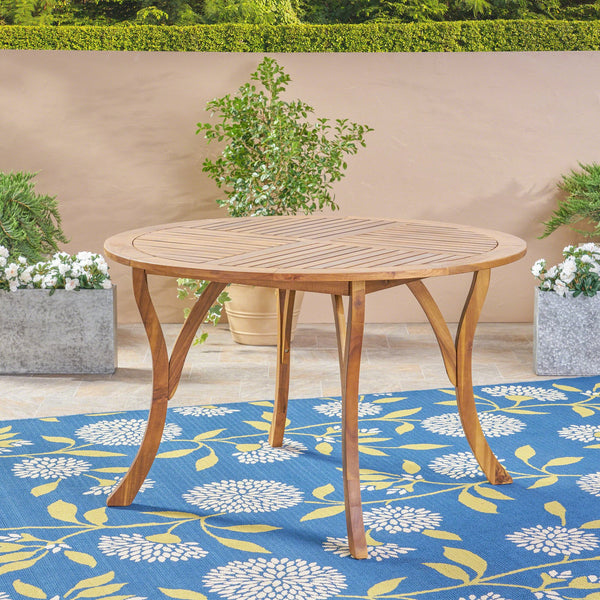 English Elm Hermosa Round Acacia Wood Outdoor Dining Table Slatted Teak Patio Seats Four 62916.00