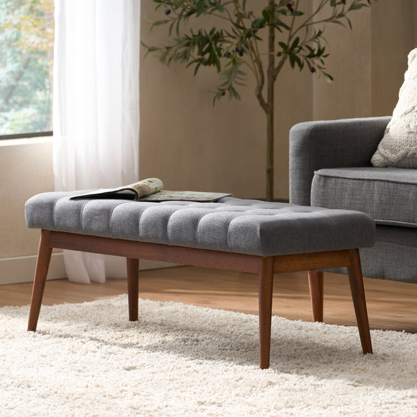 English Elm Christopher Knight Home® - Mid-Century Upholstered Storage Bench with Button-Tufted Top, Walnut Legs, Handcrafted Accent Seat Grey 61147.00GRY
