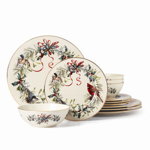 Lenox Winter Greetings 12-Piece Dinnerware Set Red & Green, IVORY PORCELAIN 894540