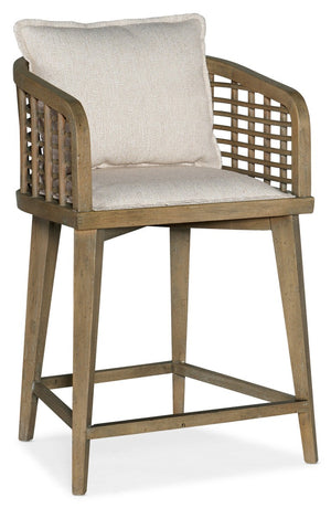 Hooker Furniture Surfrider Barrel Back Swivel Counter Stool With Cane Lattice, Zuri Cream Upholstery, Copper Footrest Medium Brown 6015-75350-89