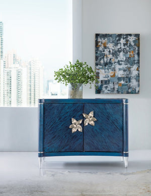 Hooker Furniture Melange Sapphire Accent Chest With Luxe Primavera Veneer, Acrylic Legs, Silver Floral Pulls, Soft-Close Storage 628-85678-45