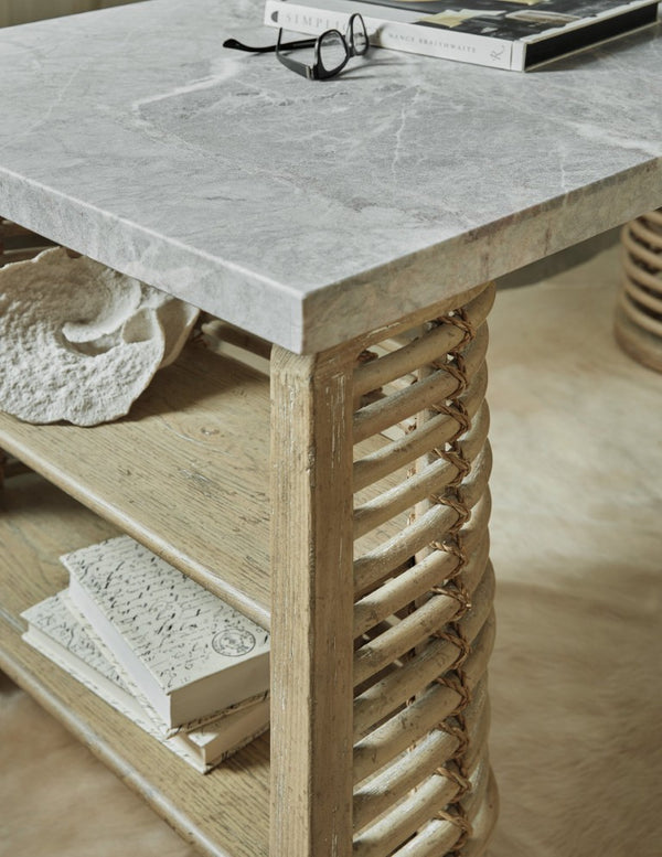 Hooker Furniture Surfrider Driftwood Writing Desk With Stone Top, Pecan Veneers, Rope & Cane Accents, 60"L 6015-10458-80