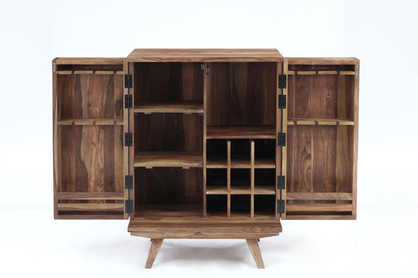 Porter Designs Porter Fusion Solid Sheesham Wood Bar Cabinet – Unique Mid Century Design For Stylish Home Storage Light Brown Wood 07-117-30-6734n