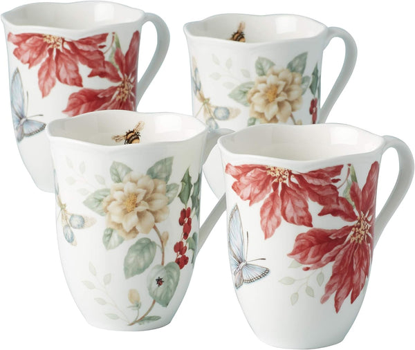 Lenox Butterfly Meadow Holiday 4-Piece Mug Set Red & Green, WHITE PORCELAIN 884474