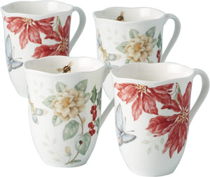 Lenox Butterfly Meadow Holiday 4-Piece Mug Set Red & Green, WHITE PORCELAIN 884474