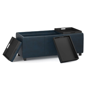 English Elm Avalon Storage Ottoman - Distressed Dark Blue Faux Leather With Hidden Storage & Serving Trays B136P158255