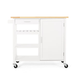 English Elm Christopher Knight Home® - Kitchen Island Cart with Solid Rubberwood Top, 41.75" Mobile Island with Drawer, Cabinet, Shelves & Wheels White 67756.00NATWHT