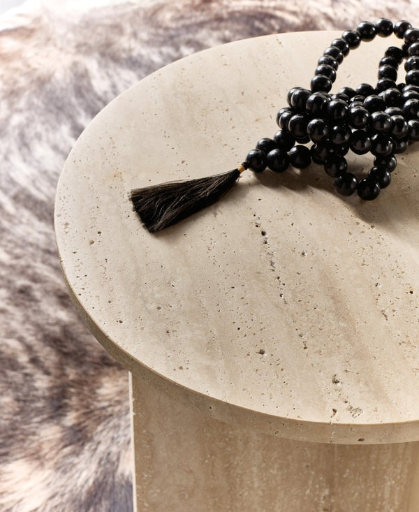 Hooker Furniture Melange Travertine Cirque Spot Table — Sculptural Round End Table, Tapered Pedestal, Neutral Beige Veining (22") 628-80593-00