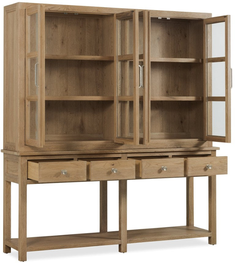 Hooker Furniture Driftwood Buckboard Display Sideboard With Glass Doors, Adjustable Shelves & Self-Closing Drawers Light Wood 6820-75900-80