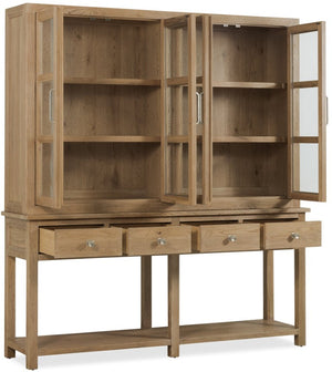 Hooker Furniture Driftwood Buckboard Display Sideboard With Glass Doors, Adjustable Shelves & Self-Closing Drawers Light Wood 6820-75900-80