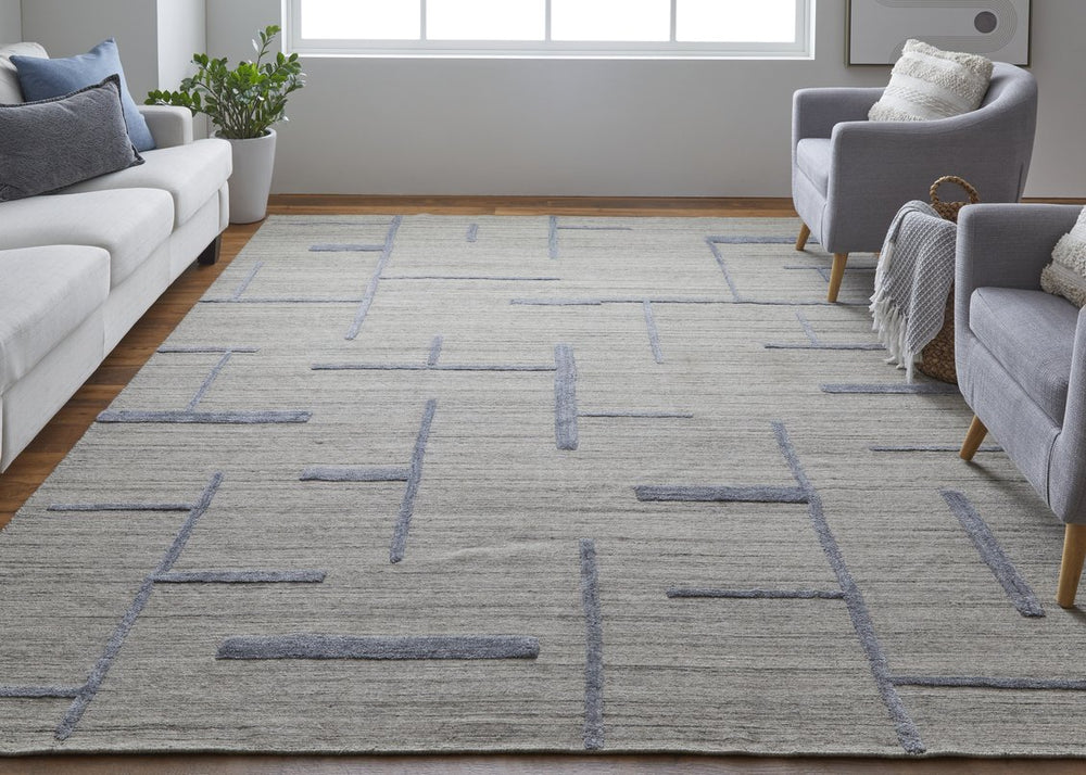 Feizy Rugs Longridge Hand Woven Geometric Design Rug - Luxurious High-low Pile For Modern Home Décor Ivory,Blue Viscose,Wool T09t8002bgeblui36
