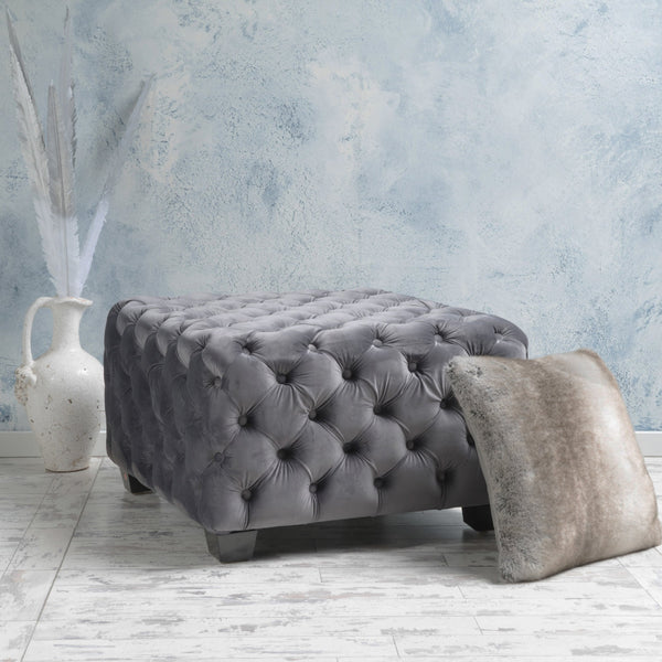 English Elm Ottoman Square Velvet Button Tufted Diamond Stitch Glam Footrest for Living Room 58948.00GRY