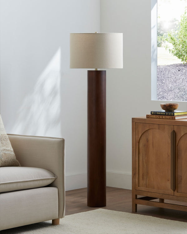 Surya Timberline Arts and Crafts Floor Lamp Rubberwood Column with Linen Shade for Living Rooms TMB-004
