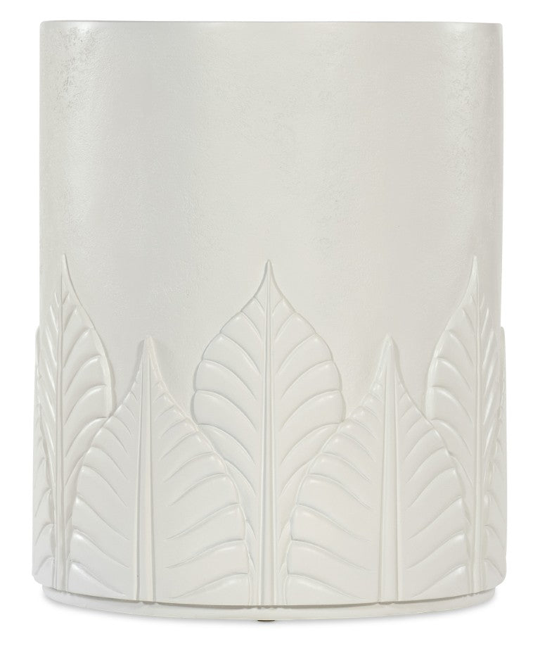 Hooker Furniture Commerce Amelia Round End Table — Textured White Plaster Finish, Embossed Leaf Motif, Compact 20” Surface 7228-80230-02