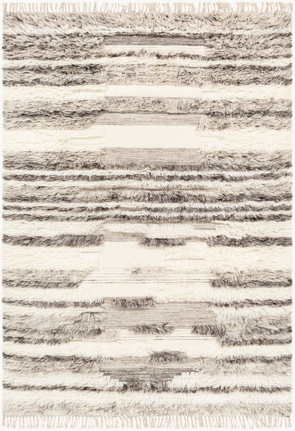 Livabliss Tulum Handwoven New Zealand Wool Area Rug with High-low Pile and Fringe Detail Cream, Dark Bro 3'6" x 5'6" TMU2301-3656