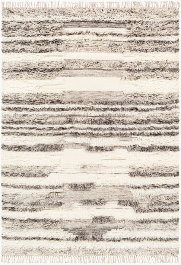 Livabliss Tulum Handwoven New Zealand Wool Area Rug with High-low Pile and Fringe Detail Cream, Dark Bro 3'6" x 5'6" TMU2301-3656