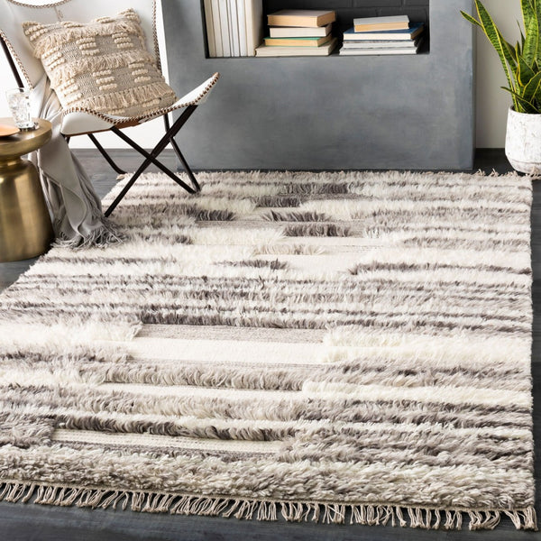 Livabliss Tulum Handwoven New Zealand Wool Area Rug with High-low Pile and Fringe Detail Cream, Dark Bro 3'6" x 5'6" TMU2301-3656