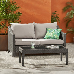 English Elm Christopher Knight Home® - ANTIBES RATTAN LOVESEAT SET WITH SIDE TABLE – Weatherproof PE Wicker, Iron Frame, Compact Patio Seating Grey 57088.00SETGRY