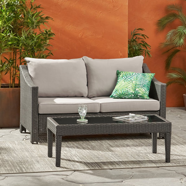English Elm Christopher Knight Home® - ANTIBES RATTAN LOVESEAT SET WITH SIDE TABLE – Weatherproof PE Wicker, Iron Frame, Compact Patio Seating Grey 57088.00SETGRY