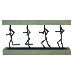 Bernhardt Bernhardt Theo Console Table With Wire‑Brushed Oak Top, Sculptural Cast Iron Figures, Cerused Greige Finish (64") 379910