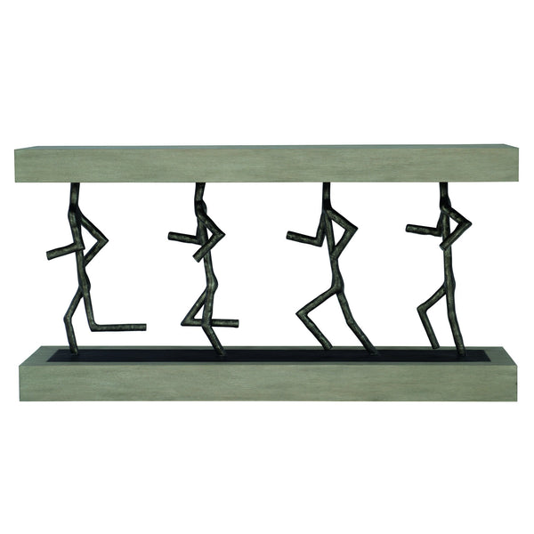 Bernhardt Bernhardt Theo Console Table With Wire‑Brushed Oak Top, Sculptural Cast Iron Figures, Cerused Greige Finish (64") 379910