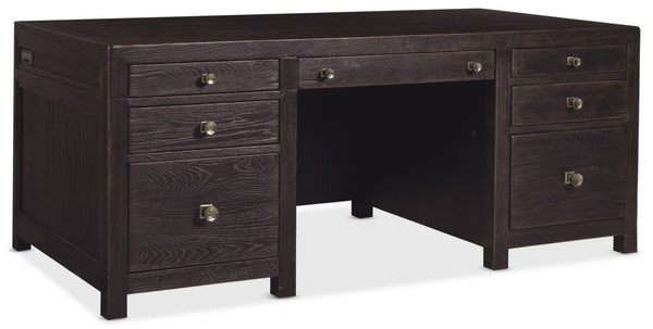 Hooker Furniture Driftwood Executive Desk With Buckboard Sun-Faded Oak Finish, 7-Drawer Storage, Locking Files Dark Wood 6820-10462-99