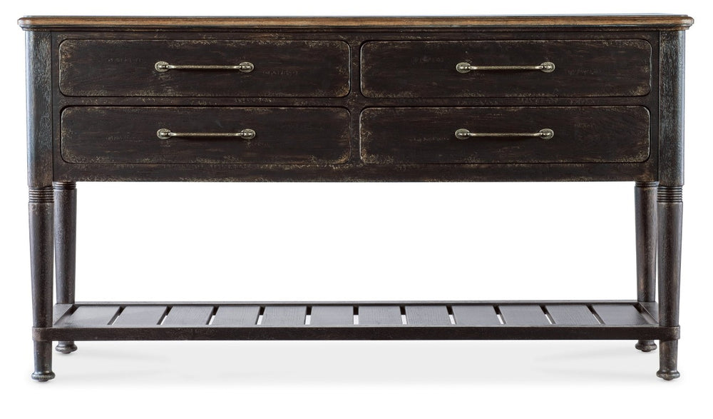 Hooker Furniture Americana Server With Rustic Oak Veneer, Carved Legs, Felt-Lined Drawers & Planked Shelf For Display Blacks 7050-75917-89