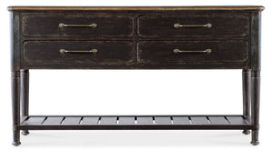 Hooker Furniture Americana Server With Rustic Oak Veneer, Carved Legs, Felt-Lined Drawers & Planked Shelf For Display Blacks 7050-75917-89