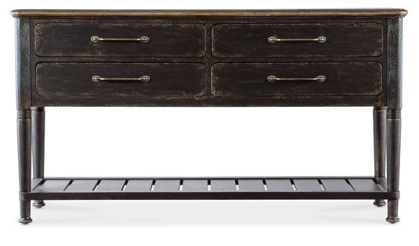 Hooker Furniture Americana Server With Rustic Oak Veneer, Carved Legs, Felt-Lined Drawers & Planked Shelf For Display Blacks 7050-75917-89