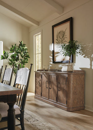 Hooker Furniture Americana Honey Four-Door Buffet Sideboard With Felt-Lined Drawer, Gallery Rail, Antique Bronze Hardware 7050-75900-85