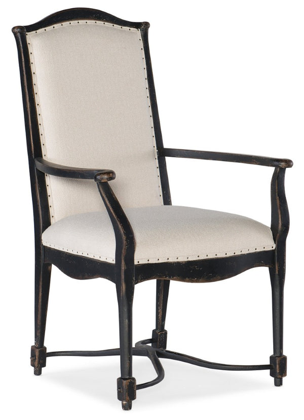 Hooker Furniture Ciao Belgian-Inspired Upholstered Arm Chair With Scalloped Seat, Nailhead Trim & Distressed Black Finish 5805-75300-99