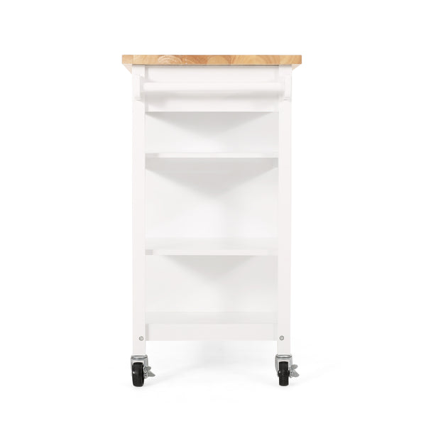 English Elm Christopher Knight Home® - Kitchen Island Cart with Solid Rubberwood Top, 41.75" Mobile Island with Drawer, Cabinet, Shelves & Wheels White 67756.00NATWHT