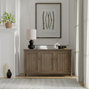 English Elm Lev Solid Wood Wide Storage Cabinet Smoky Brown – 3-Door Adjustable Shelves, Grooved Transitional Design, Brushed Bronze Handles, 60" W B136P158824