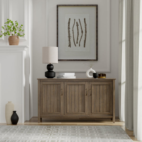English Elm Lev Solid Wood Wide Storage Cabinet Smoky Brown – 3-Door Adjustable Shelves, Grooved Transitional Design, Brushed Bronze Handles, 60" W B136P158824
