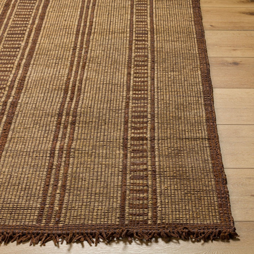 Livabliss Touareg Handwoven Jute Leather Flatweave Area Rug Bohemian Artisan Natural Fringe Accent Mustard, Brown 9' x 12' TOG2306-912