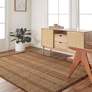 Livabliss Touareg Handwoven Jute Leather Flatweave Area Rug Bohemian Artisan Natural Fringe Accent Mustard, Brown 9' x 12' TOG2306-912