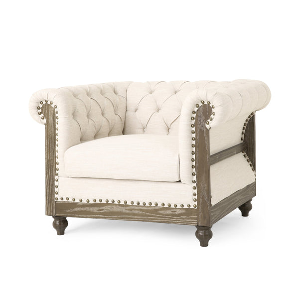 English Elm Christopher Knight Home® - CLUB Chair with Chesterfield-Inspired Button Tufting, Scrolled Arms & Nailhead Trim for Living Room Beige 40.5 L x 34.5 W x 25.75 H 72759.00BGE